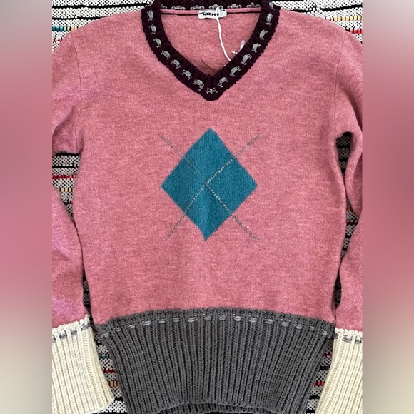 y2k Sweater M Pink Blue Argyle Pastel Preppy Quirky Academia Twee - Picture 7 of 16